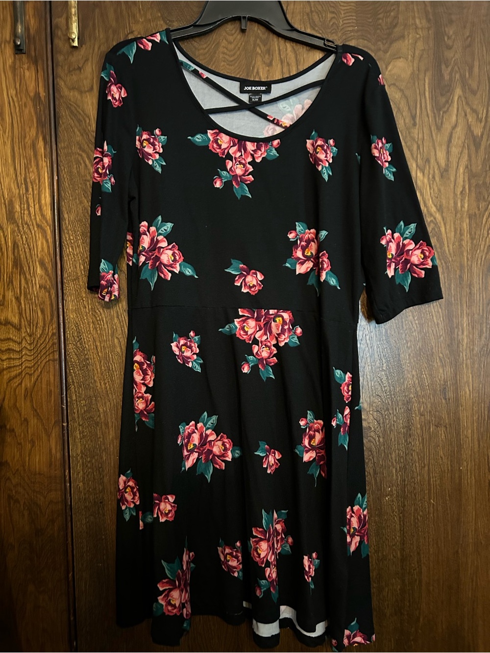 Joe Boxer Black Dress with Pink Floral Print and Crisscross Neckline